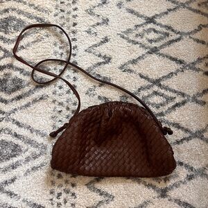 Intrecciato woven brown leather crossbody clutch